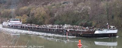 Bild: GMS Öhringen im Februar 2020 mit Schrott aus Plochingen beladen auf dem Neckar zu Tal.